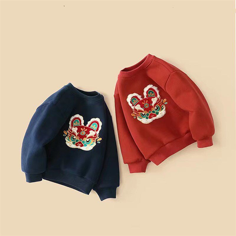 宝宝红色新年卫衣套装2025新款秋冬儿童加绒上衣男童过年龙年衣服