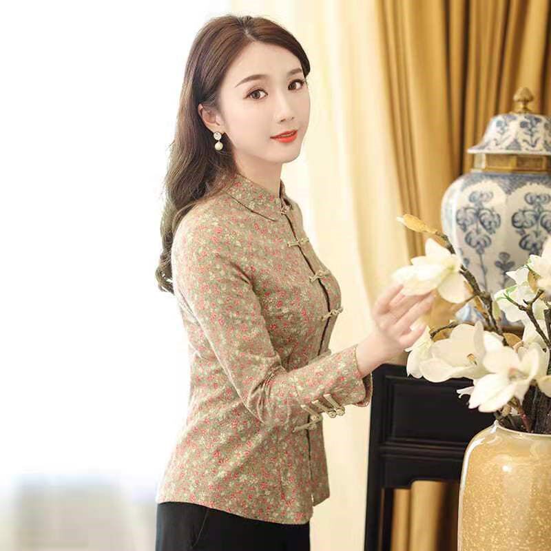 新款改良中国风唐装中式旗袍上衣女服长袖盘扣茶服民国风复古女装