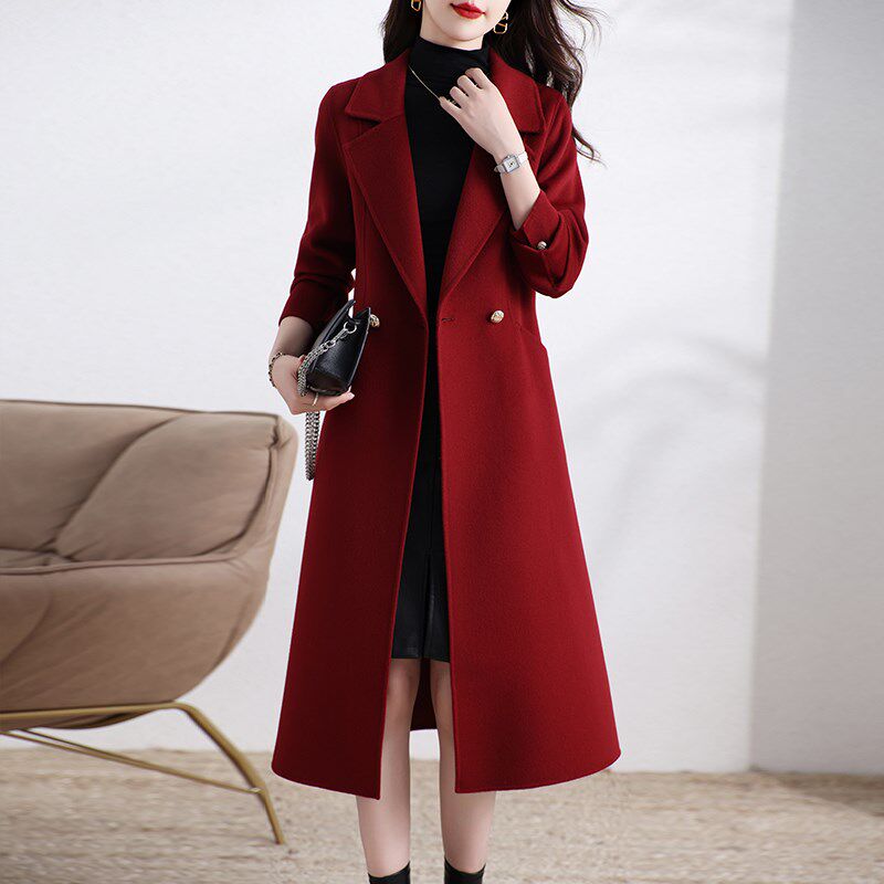 新款高级感双面绒大衣女中长款过膝修身西装领羊毛呢外套气质秋冬