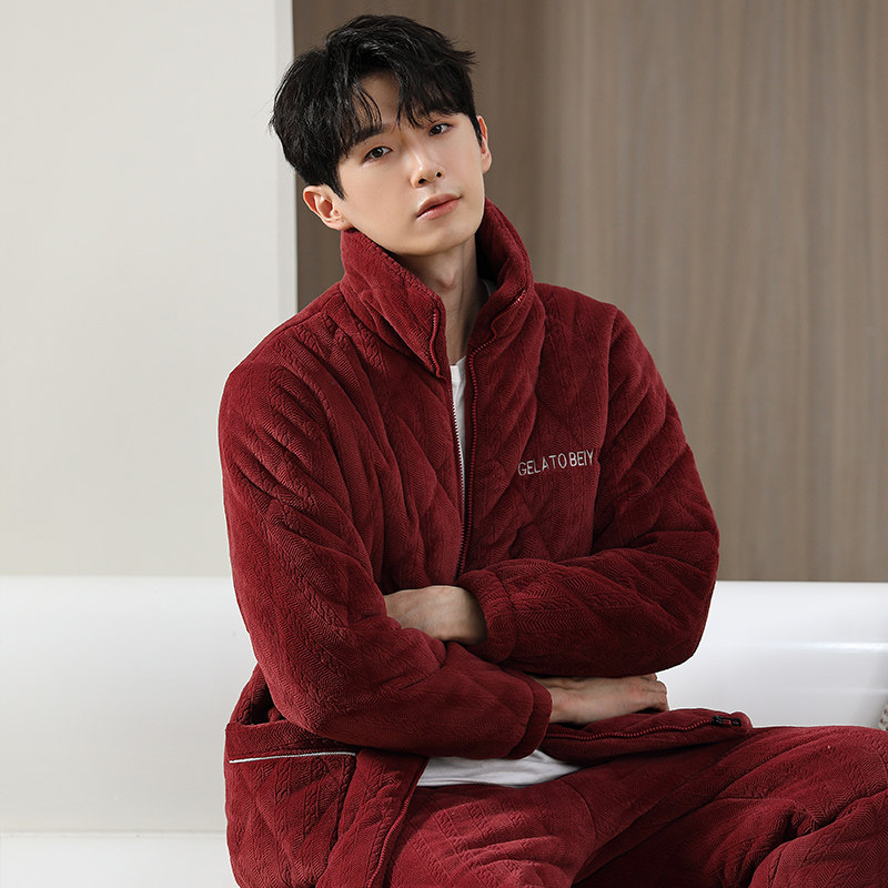 睡衣男士冬季加厚加绒新款保暖珊瑚绒拉链高领红色家居服冬款套装