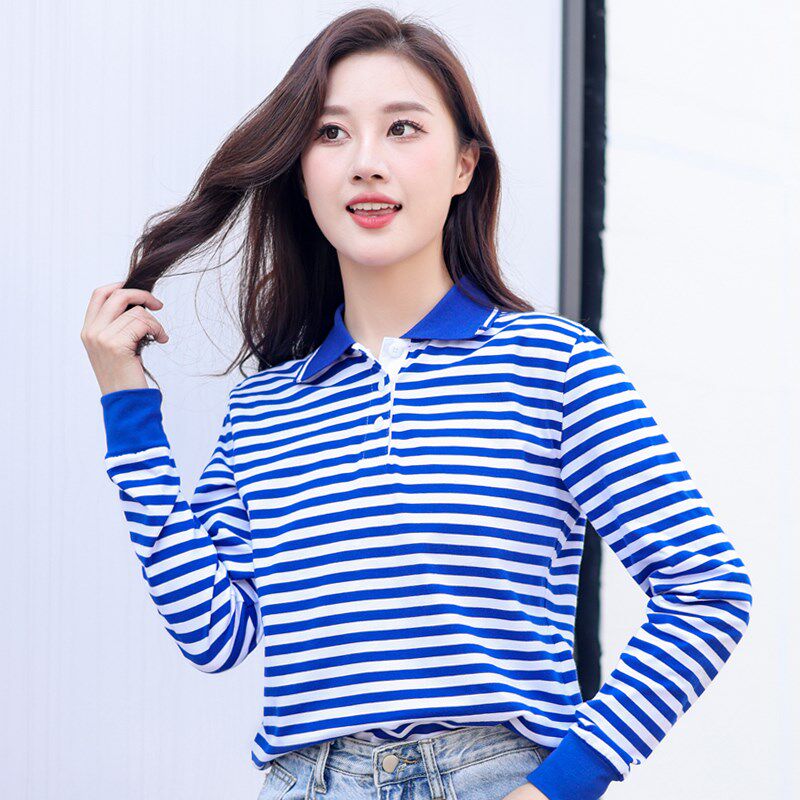 海魂衫女士翻领Polo衫长袖T恤定制工作服蓝白色条纹中老年妈妈装