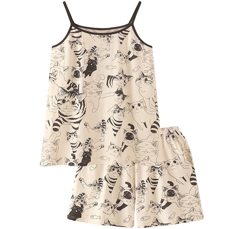 女童睡衣复古手绘风卡通凉感纯棉睡衣夏天吊带套装少女感家居服