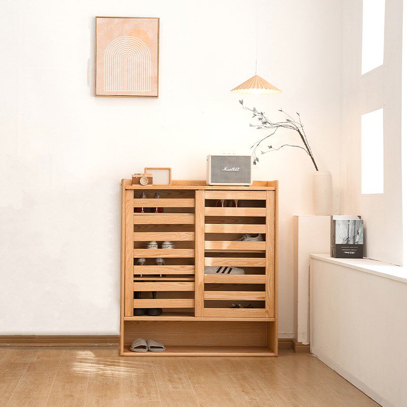 实木鞋柜北欧日式家用入户玄关柜格栅推拉门透气储物柜简约隔断柜