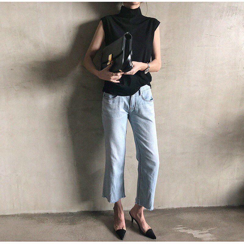 高领无袖背心打底手臂粗显瘦上衣微胖小衫夏外穿黑色吊带女内外搭