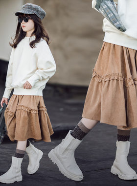 女童冬裙灯芯绒半身裙加厚2023年女孩复古森系长裙子中大童半截裙