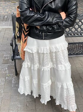 大码甜美白色高腰蛋糕裙子春季显瘦中长款蕾丝蓬蓬裙a字半身裙女