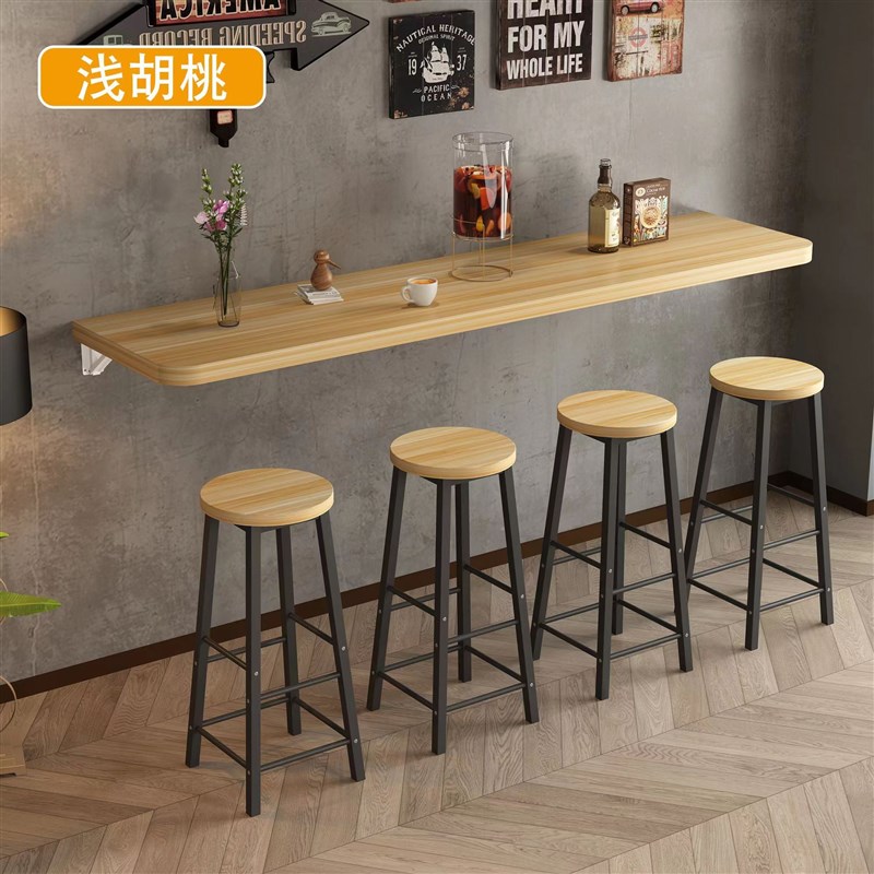 吧台桌靠墙奶茶店桌椅商用餐桌加厚挂墙上餐桌窄长桌壁挂式置物架