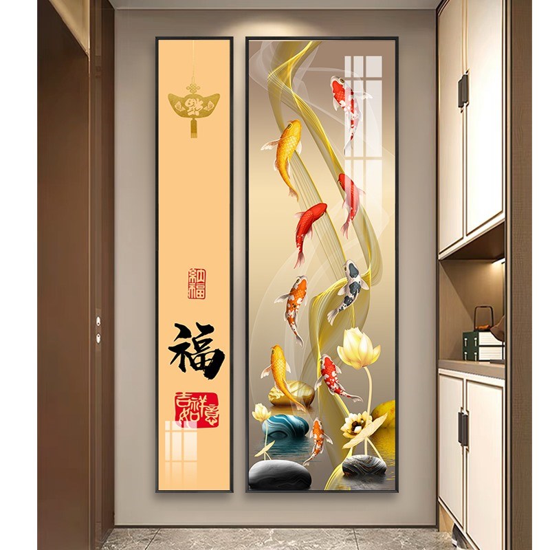 高档中式入户玄关背景墙装饰画两联组合竖版挂画过道走廊软装壁画