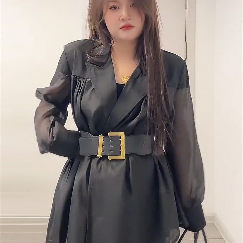 拼纱防晒西服外套女鱼尾半身裙胖mm2024春季新款显瘦宽松大码女装