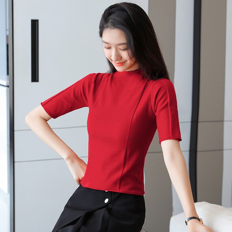 半高领薄款五分袖针织衫春季新款女装小个子短款修身打底中袖上衣