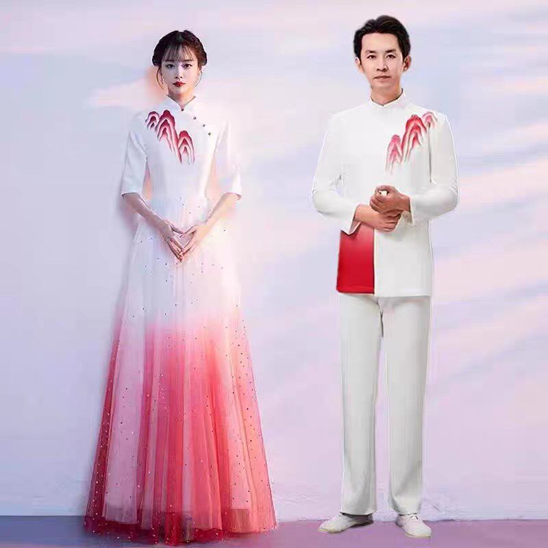 学生初高中合唱团比赛演出服红歌白礼服中国风演出服灯火里的中国