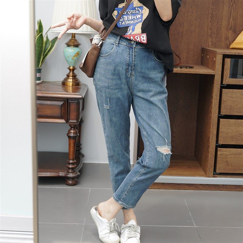 超薄软 大码女装胖mm破洞直筒牛仔裤弹力老爹裤显瘦高腰九分裤夏,女装/女士精品,大码裤装,淘宝优惠券,粉丝福利购,淘宝优惠卷