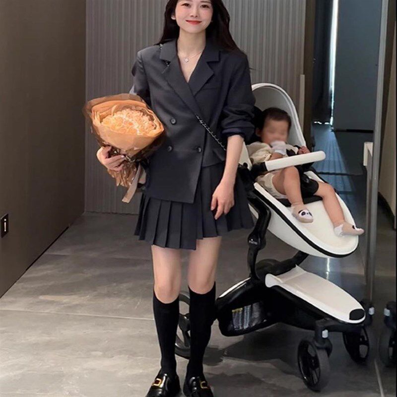 胖mm设计感假两件拼接西装连衣裙女春秋大码高级感a字百褶短裙子