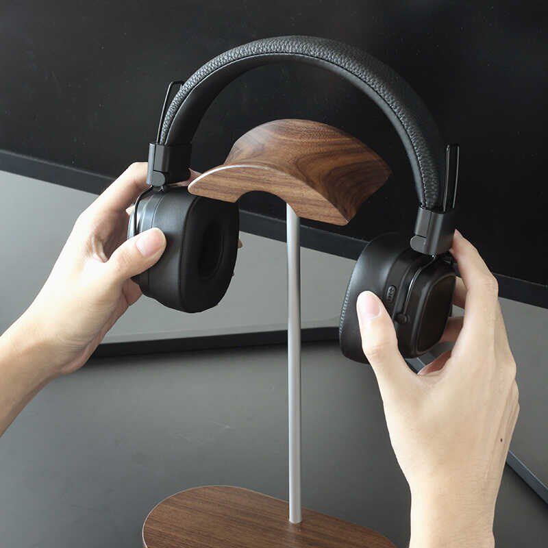 三思工房头戴式耳机支架实木耳机架通用耳麦托黑胡桃创意收纳挂架