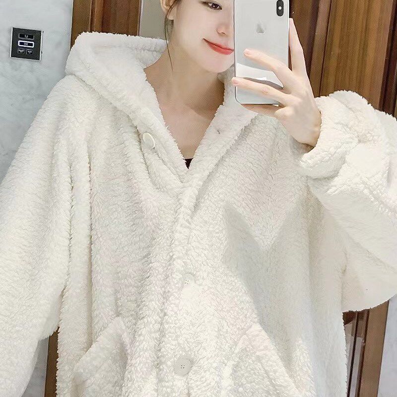 珊瑚绒简约白色睡袍女冬天加厚加绒长款保暖一体法兰绒浴袍家居服