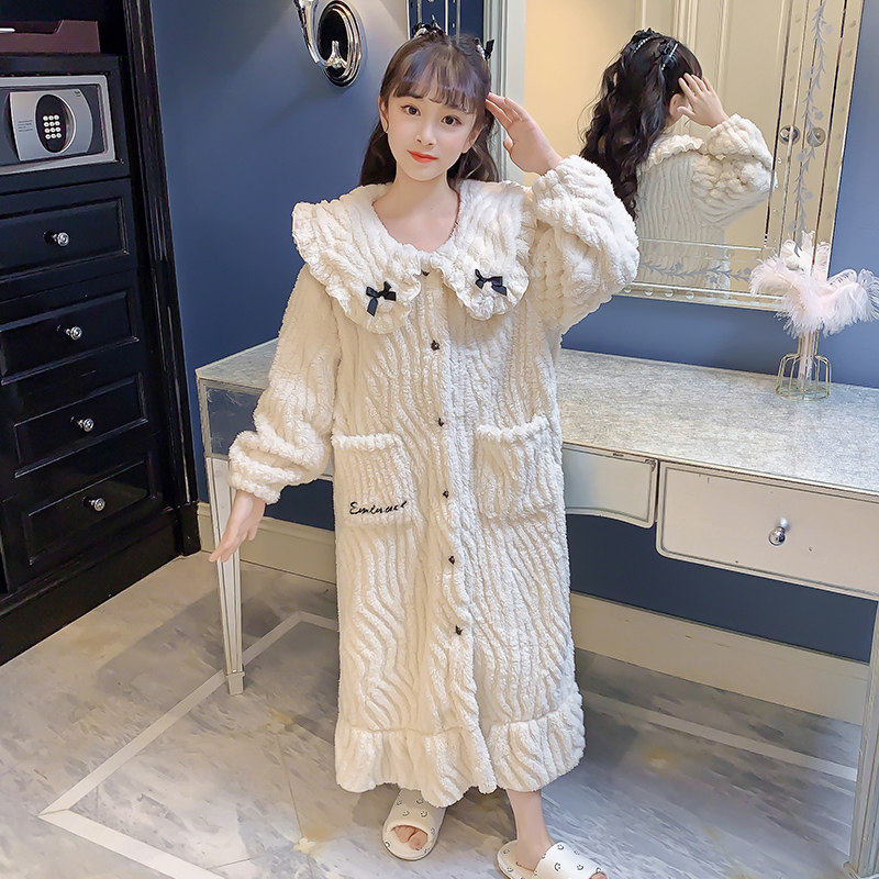 女童珊瑚绒睡袍秋冬季加厚款儿童法兰绒家居服女孩中大童浴袍套装
