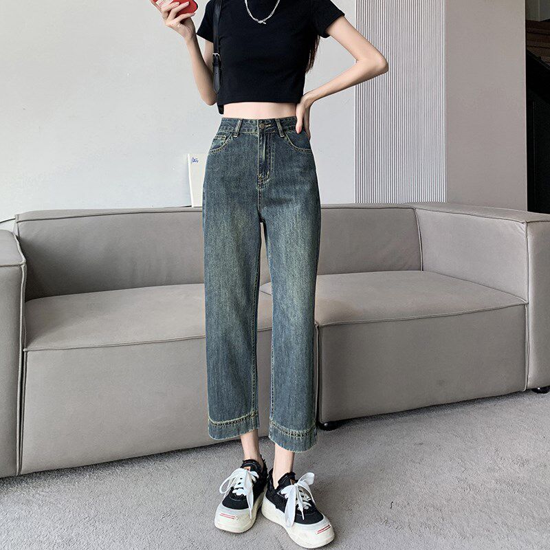 小矮个子八分直筒牛仔裤女夏秋设计感复古高腰百搭宽松阔腿裤xxs9