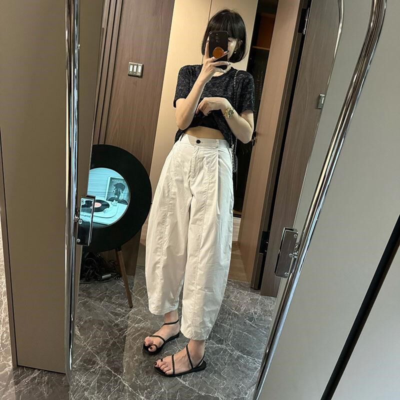 裤子女2024新款夏季薄款米白色八九分裤女宽松显瘦时尚哈伦工装裤
