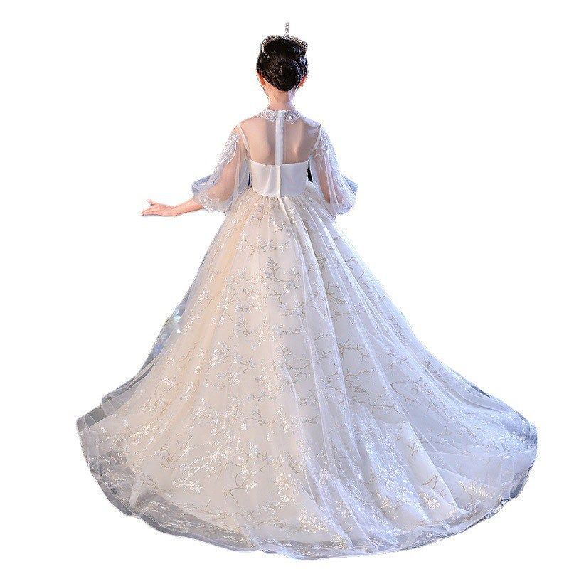 霸气礼服女童拖尾裙高级感儿童婚纱公主裙主持人走秀钢琴演出服春