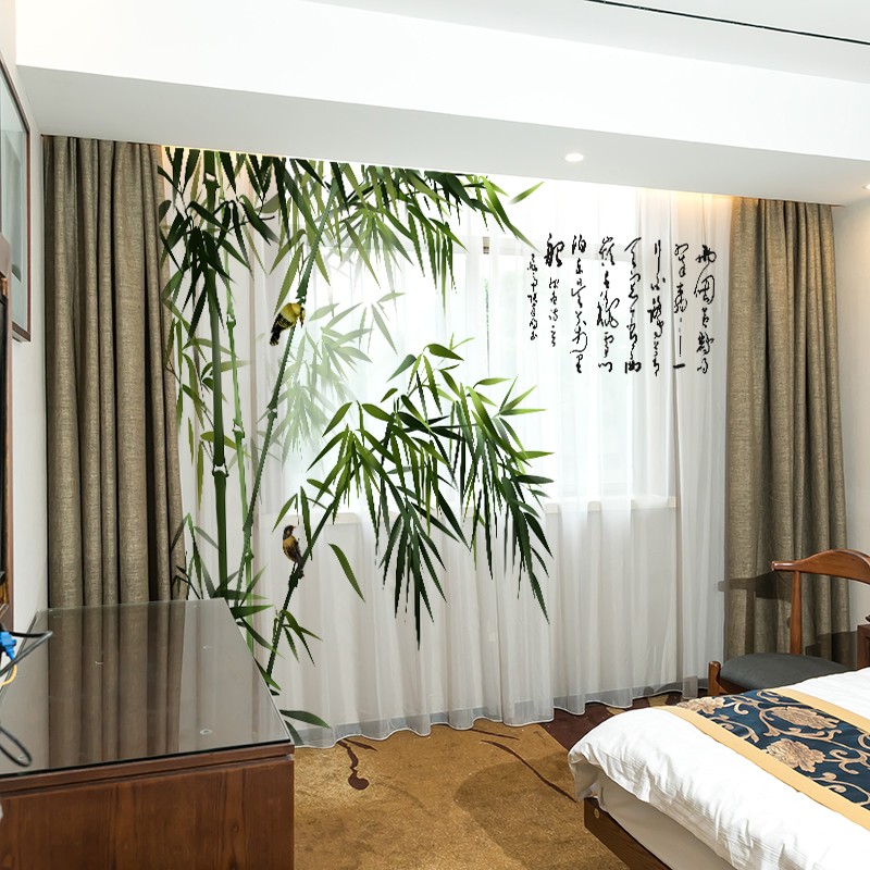 简中客厅窗帘新中式风格飘窗高档奢华卧室竹子中国风纱帘遮光禅意