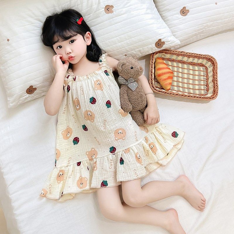 女童吊带睡裙夏季纯棉纱布2024新款女孩宝宝公主儿童睡衣薄款无袖,童装/婴儿装/亲子装,家居裙/睡裙,淘宝优惠券,粉丝福利购,淘宝优惠卷