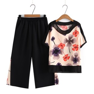 中老年妈妈款雪纺短袖T恤衫套装夏季洋气九分裤老人女士婆婆上衣