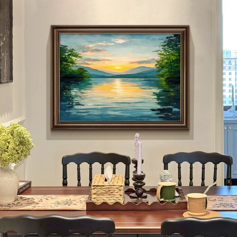 美式餐厅装饰画2025新款日出风景手绘油画饭厅背景墙挂画高档壁画