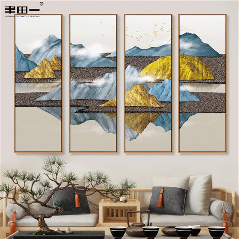 客厅沙发背景挂画新中式山水金山装饰画过道展厅四联整幅壁画轻奢