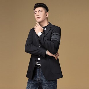 BM轻奢男装高级感条纹黑色休闲西装外套男婚礼伴郎正装男士西服秋