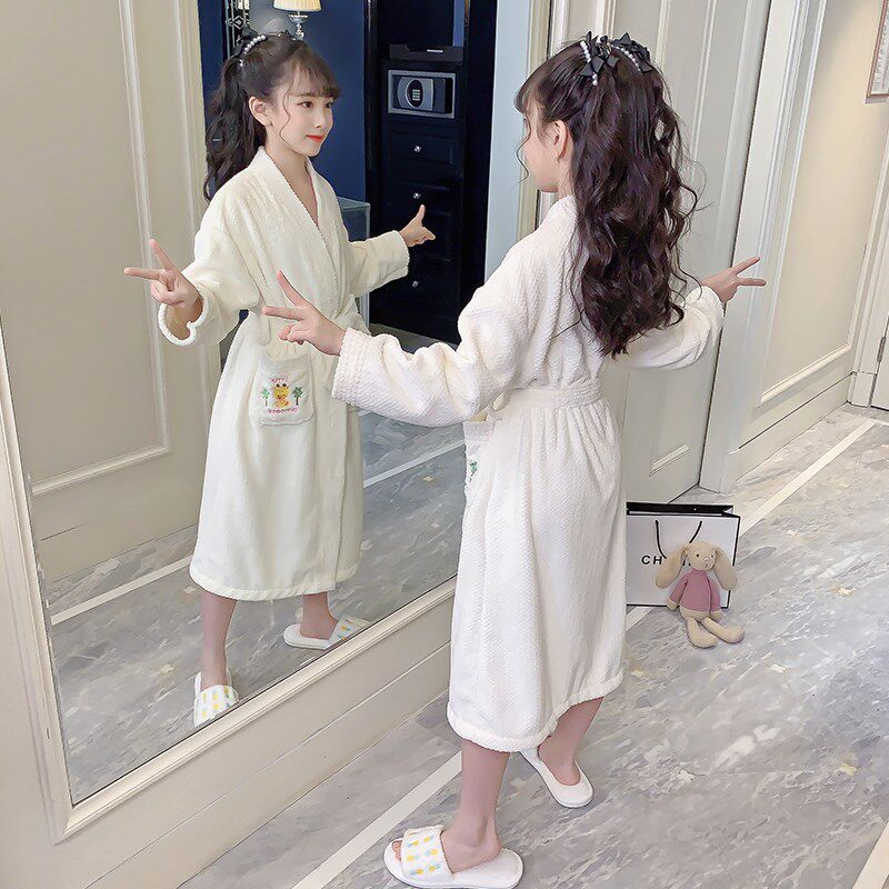 儿童浴袍珊瑚绒睡袍法兰绒秋冬季女童小孩加厚款睡裙系带保暖睡衣