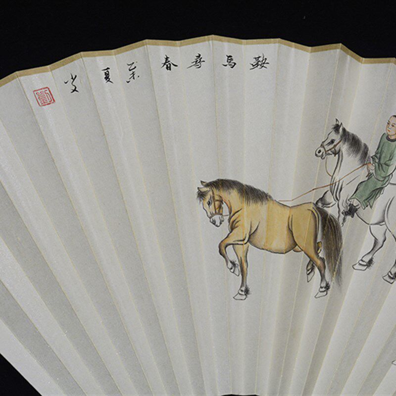 纯手绘扇面95寸18方精品工笔人物画鞍马寻春图苏工扇面古典收藏
