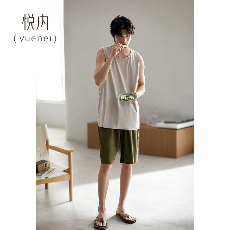 悦内2024新款睡衣男士夏季夏款背心短裤纯棉家居服男款加大码套装