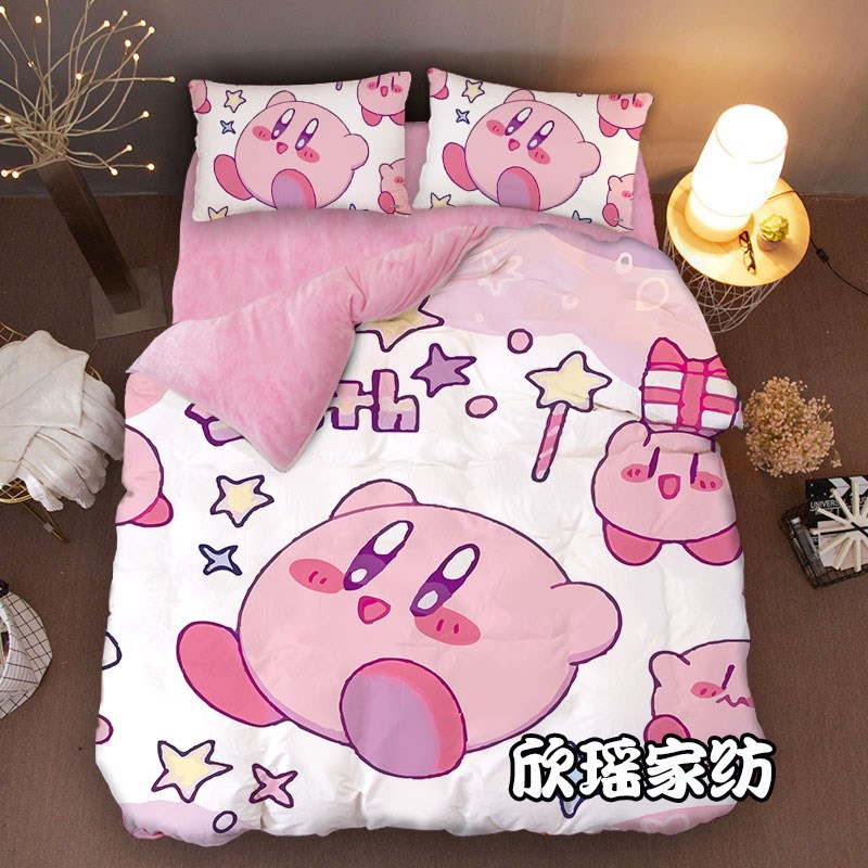 星之卡比床上加绒四件套卡通水晶珊瑚绒床单冬季少女心被套三件套