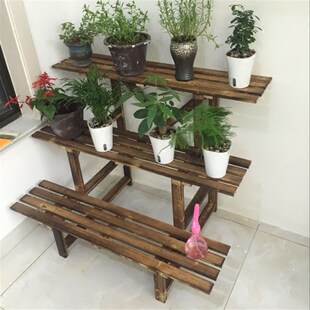 包邮阳台实木多层阶梯置物架简约组装层架田园风格碳化防腐木花架