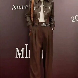 女装新款套装气质时尚修身显瘦黑色皮衣外套高腰阔腿裤秋冬两件套