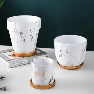 陶瓷花盆北欧风格大理石纹圆柱形大号绿植多肉花卉鲜花盆栽带托盘