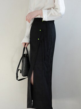 TRR style提花新中式旗袍盘扣轻国风半身裙黑色开叉 女高腰长裙子