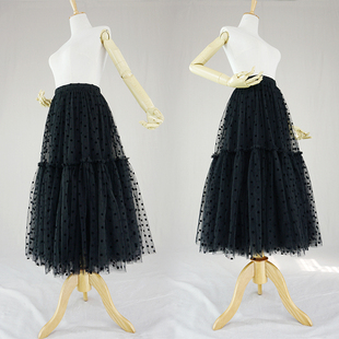 简爱花园 新款黑色植绒波点网纱拼接大摆中长款半身裙秋冬蓬蓬裙
