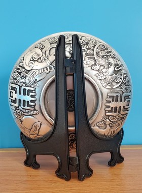 黄铜镀银色龙凤呈祥盘子摆件 家居客厅书房摆饰 饰品 装饰品 铜器