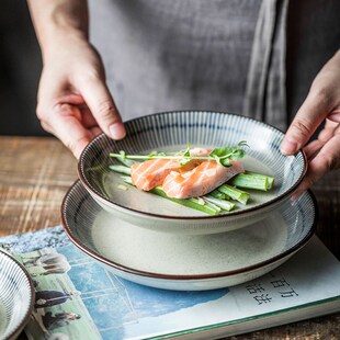 蓝雨圆盘 日式陶瓷盘子菜盘家用个性创意圆形餐盘8英寸圆形深盘