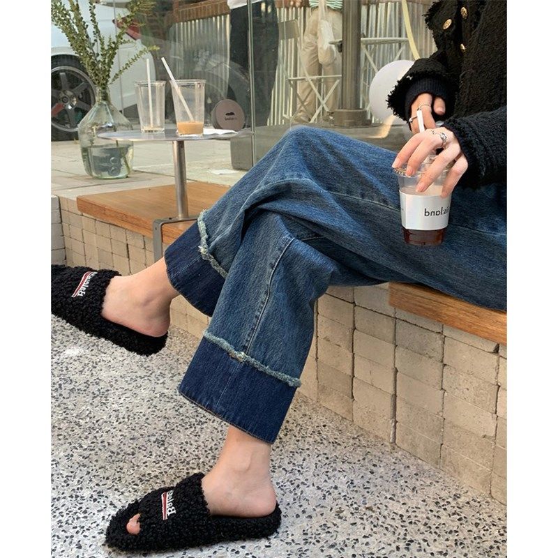 复古卷边牛仔裤女2024秋季胖妹妹mm梨形身材宽松显瘦直筒阔腿裤子