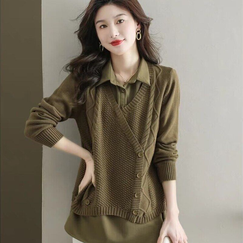 假两件针织衬衫女秋装新款设计感时尚洋气上衣复古洋气毛衣打底衫