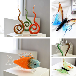 时尚创意彩色玻璃琉璃招财鱼蝴蝶稳居火焰摆件样板房桌面居家装饰