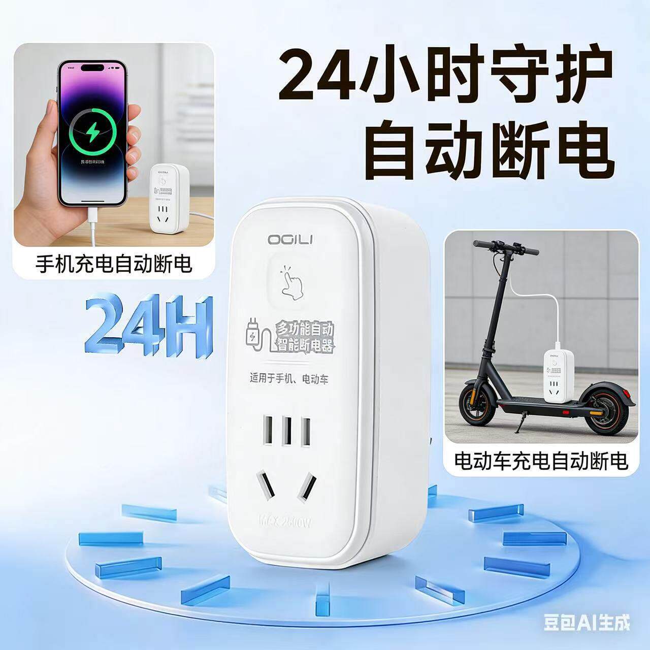 双宝多功能充满自动断电保护电池手机平板电动车充电漏电过载保护