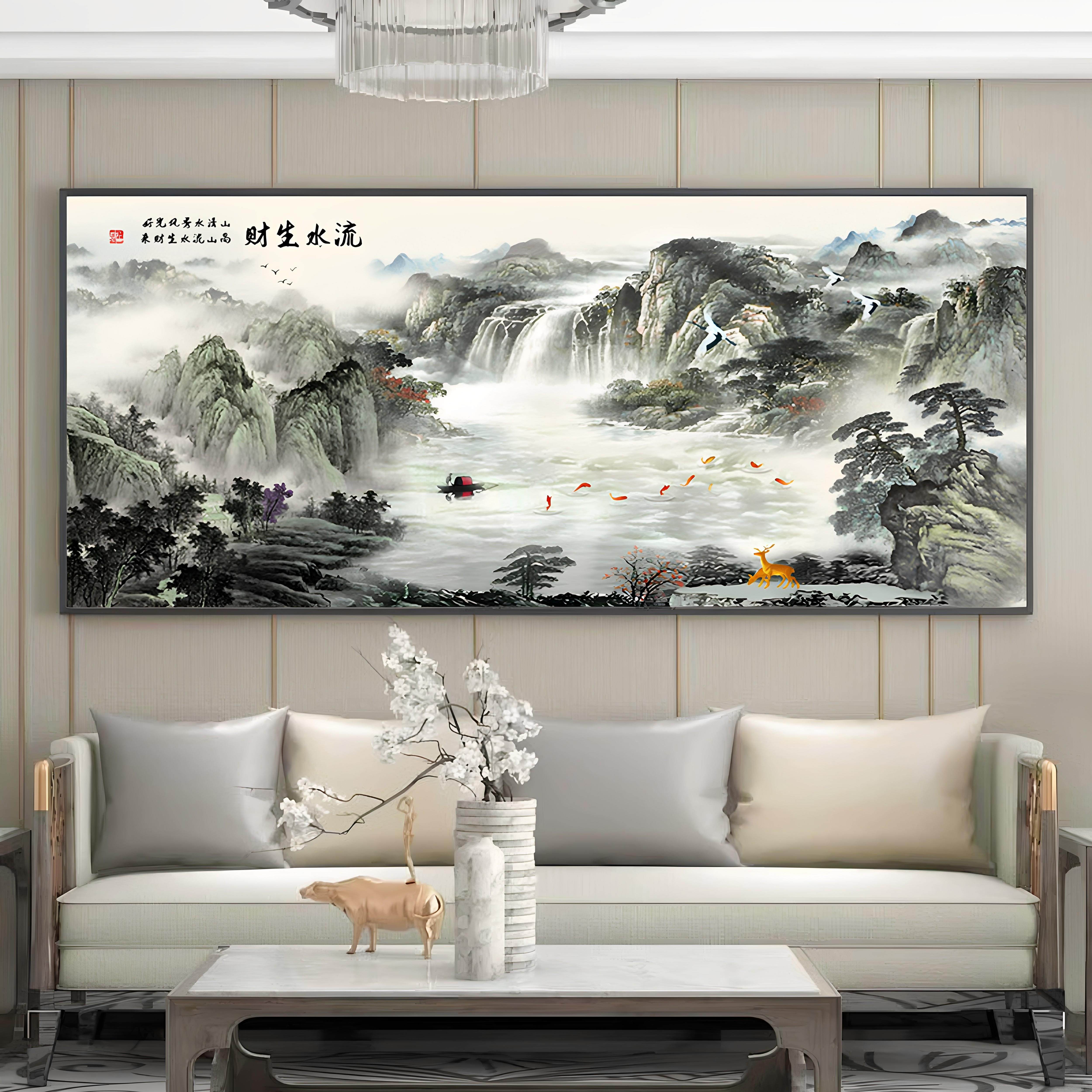 流水生财风景画客厅沙发背景墙装饰画办公室挂画字画山水画靠山图