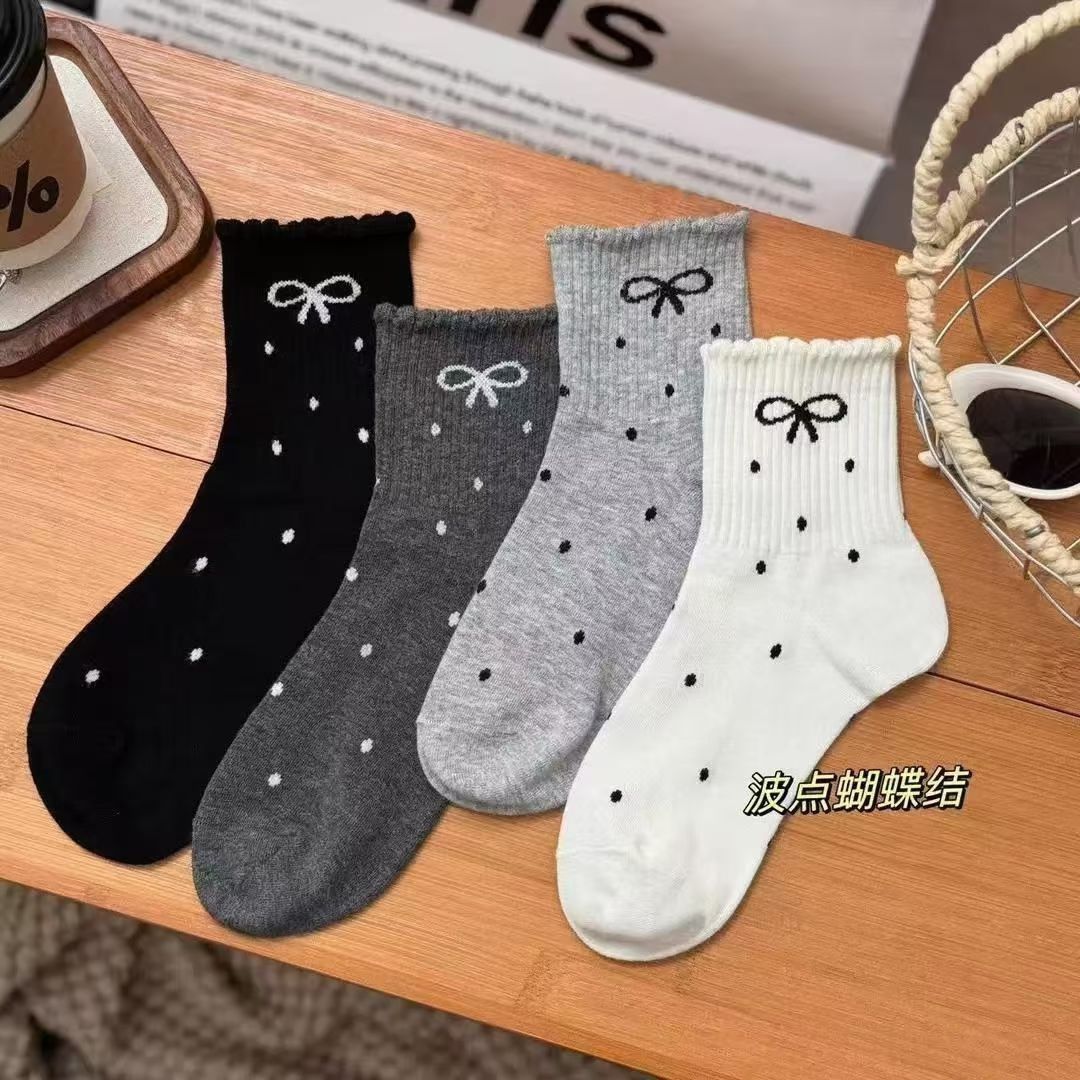 波点蝴蝶结中筒女袜花边秋冬新款堆堆ins长筒袜日系可爱温柔显瘦