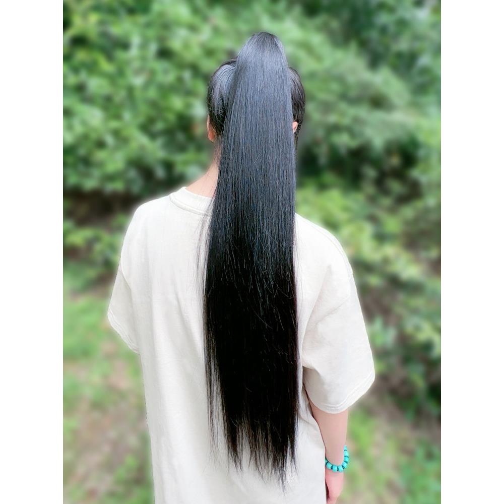 真发马尾假发女全真人发中长发抓夹高马尾辫子绑带自然可染烫马尾