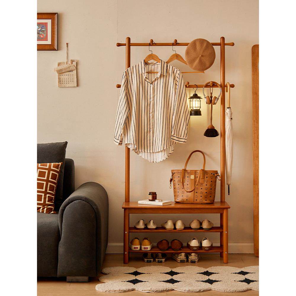 樱桃屋实木换鞋凳与衣架一体入口门可坐在鞋柜落地立式衣架上