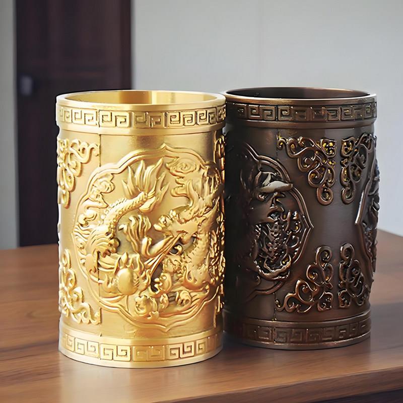 黄铜笔筒纯黄铜双龙笔筒古风中国风办公室收纳筒茶具茶桶家居摆件