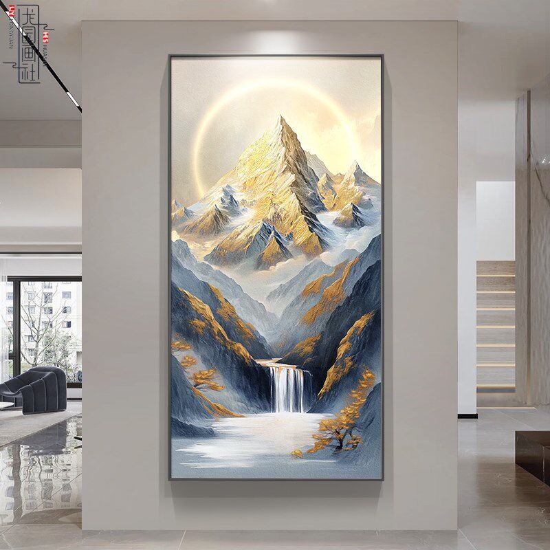 日照金山现代轻奢玄关装饰画入户门挂画聚宝盆山水画竖版高档壁画